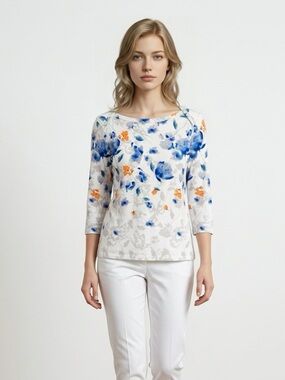 Karen Scott White Top with Blue and Orange Floral Design | 100% Cotton